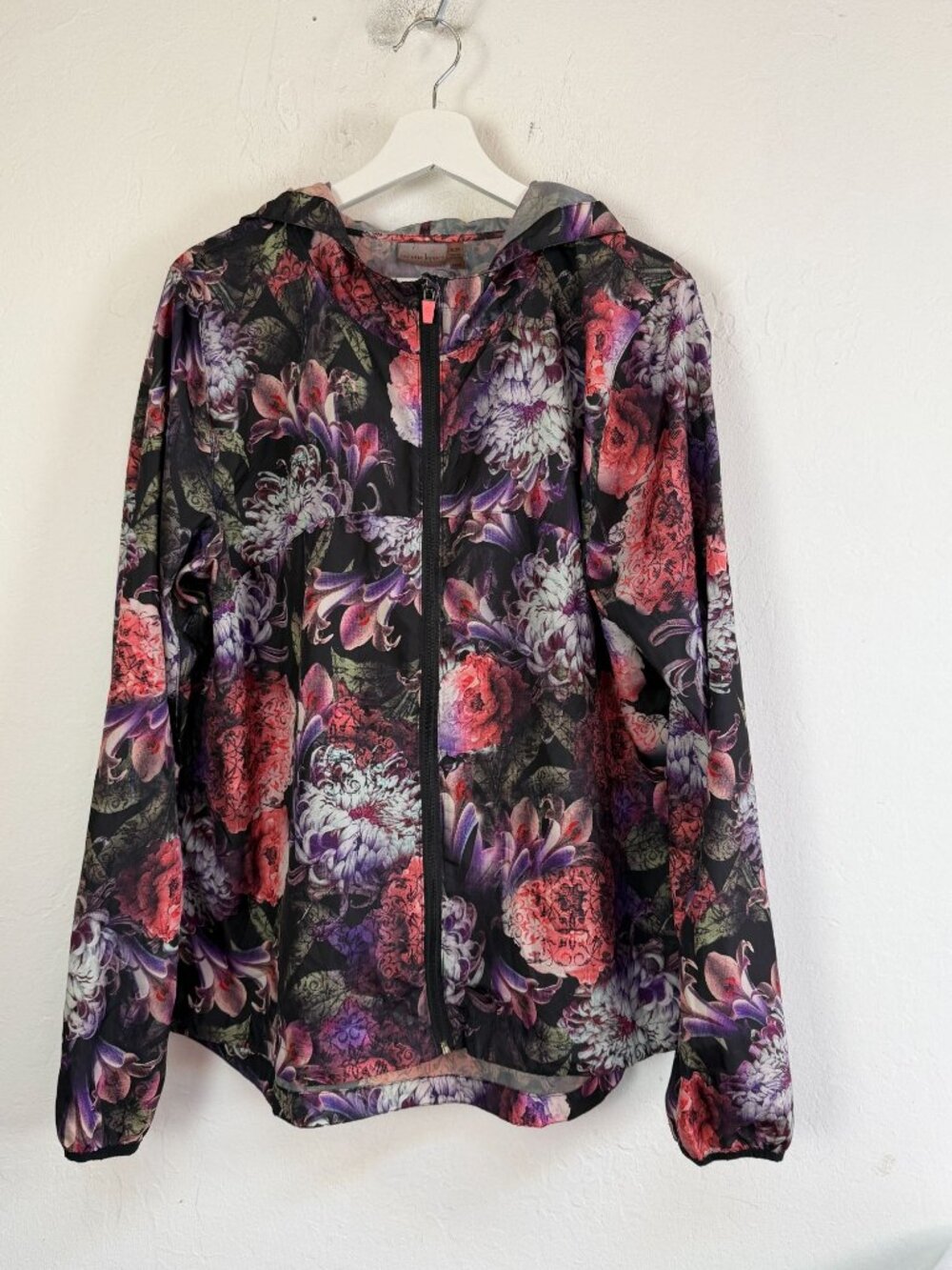 Nanette Lepore Womens Windbreaker Jacket Floral Hooded Full Zip Rain Black XL